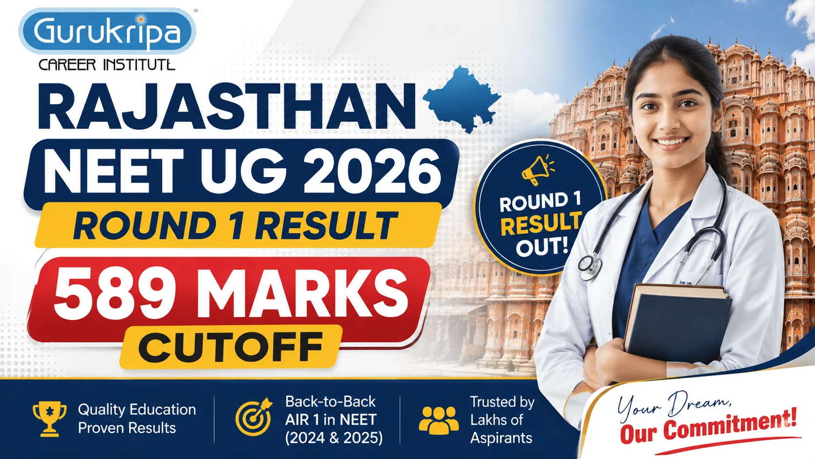 Rajasthan NEET UG 2026 Round 1 Seat Allotment Result: Government MBBS Closing Rank at AIR 14,220 (589 Marks)